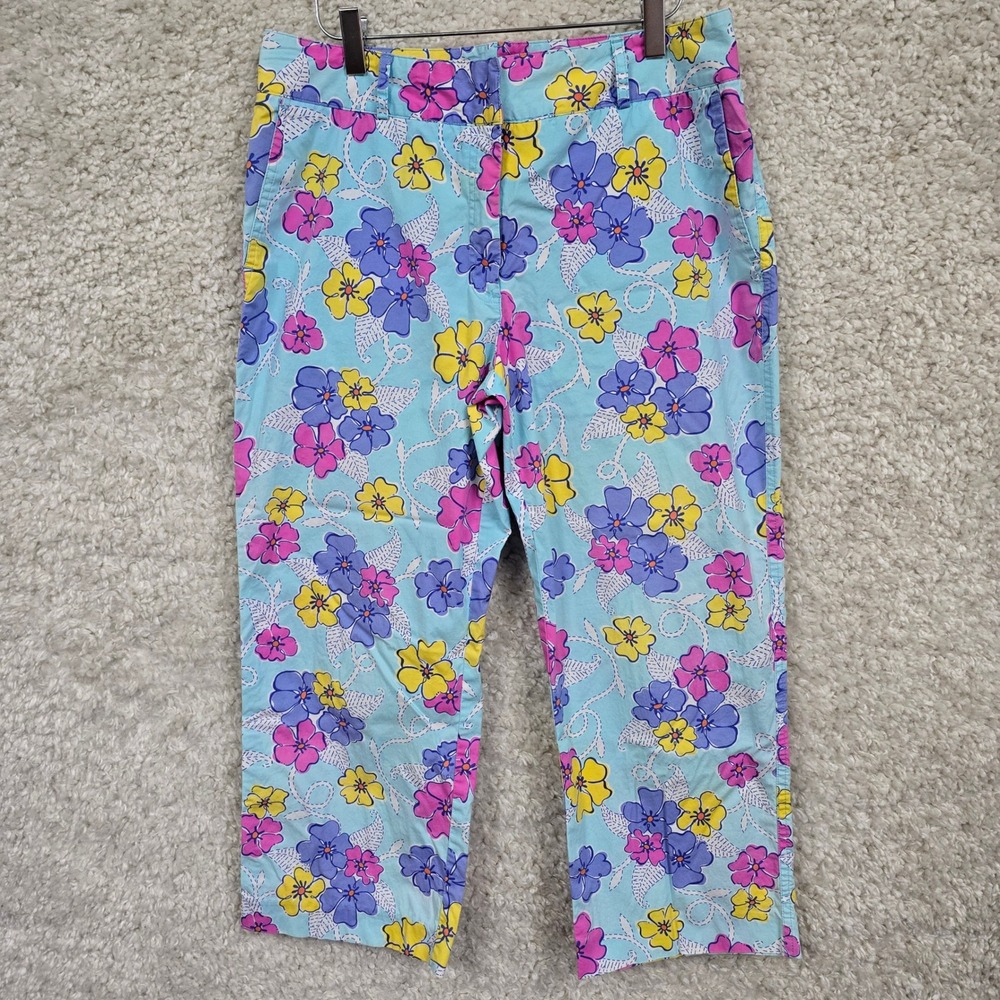 Lilly Pulitzer Floral Crop Pants Womens 10 Blue Pink Yellow Preppy Boho‎ Cottage